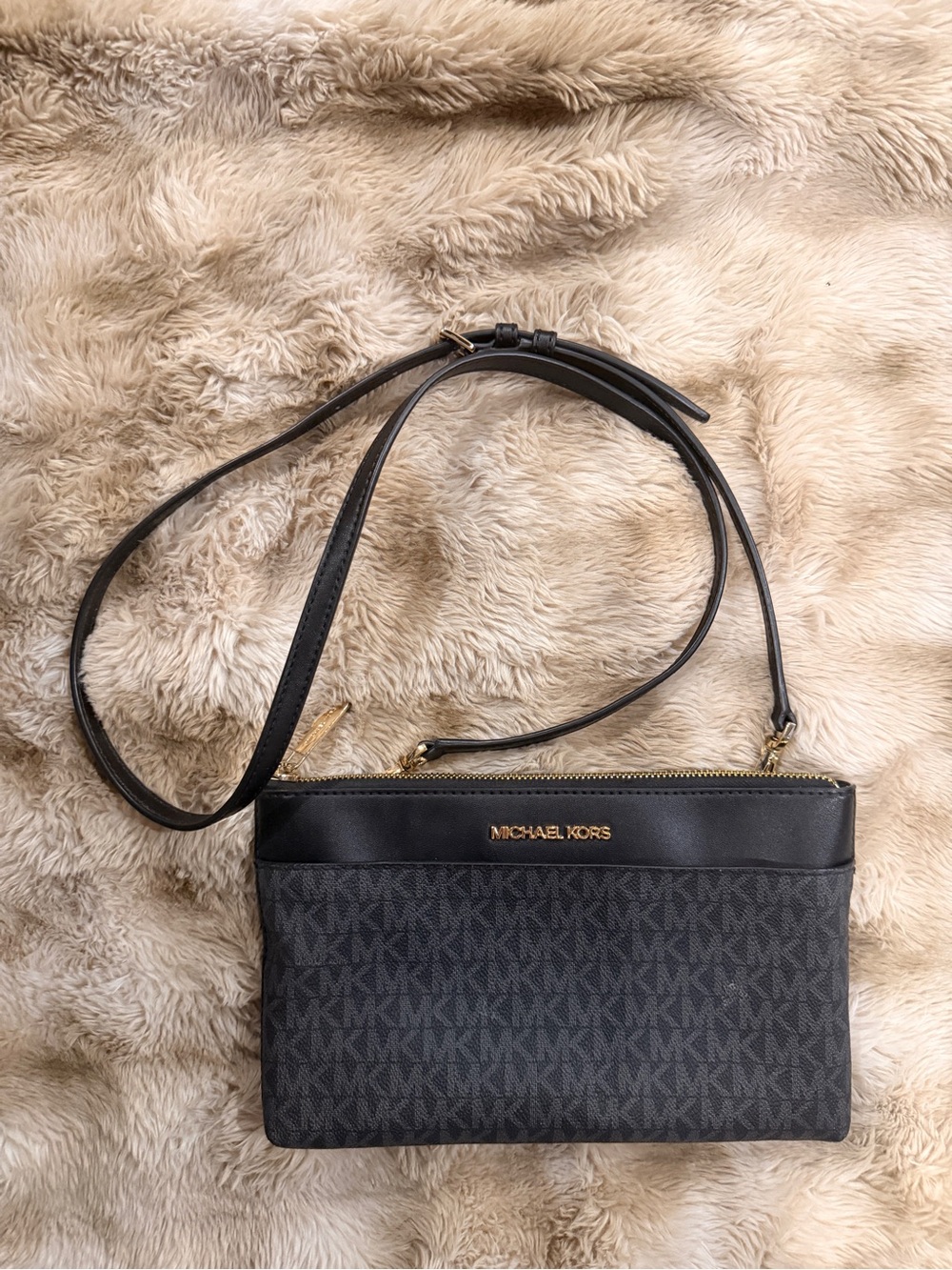 Michael Kors Black and Charcoal Monogram Crossbody Gold Hardware